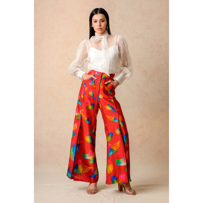 THETAA White Printed Organza Top with Slip and Flared Pant (Set of 3)