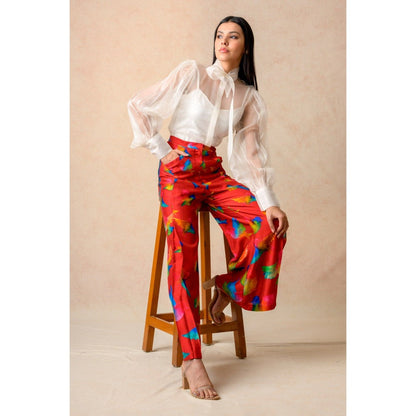 THETAA White Printed Organza Top with Slip and Flared Pant (Set of 3)