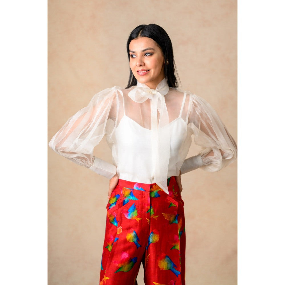 THETAA White Printed Organza Top with Slip and Flared Pant (Set of 3)