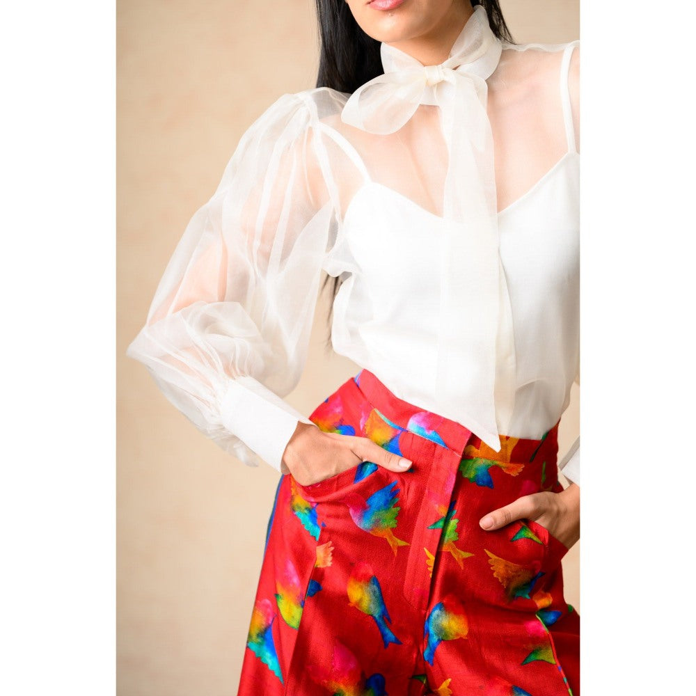 THETAA White Printed Organza Top with Slip and Flared Pant (Set of 3)