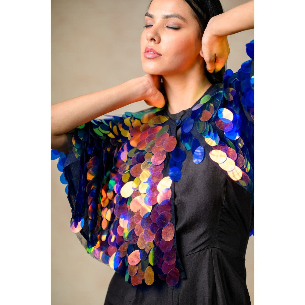 THETAA Black Embellished/Sequined Cape with Jumpsuit (Set of 2)