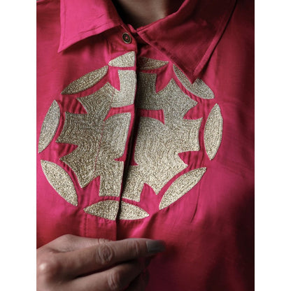 THETAA Pink Hand Embroidered Shirt with Pant (Set of 2)