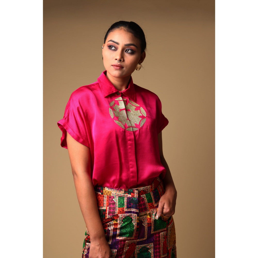 THETAA Pink Hand Embroidered Shirt with Pant (Set of 2)