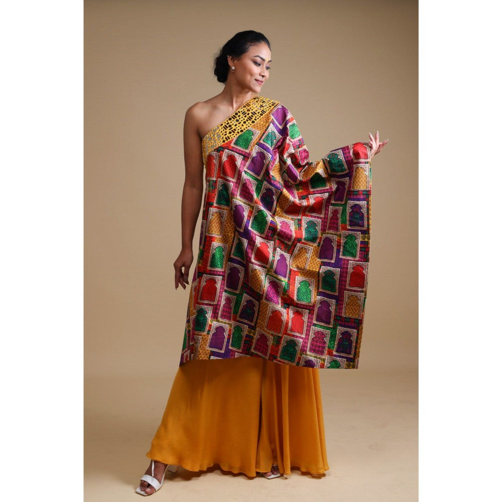 THETAA Yellow Hand Embroidered Off Shoulder Kurta with Sharara (Set of 2)