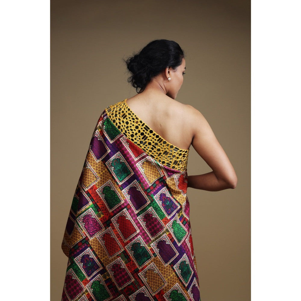 THETAA Yellow Hand Embroidered Off Shoulder Kurta with Sharara (Set of 2)