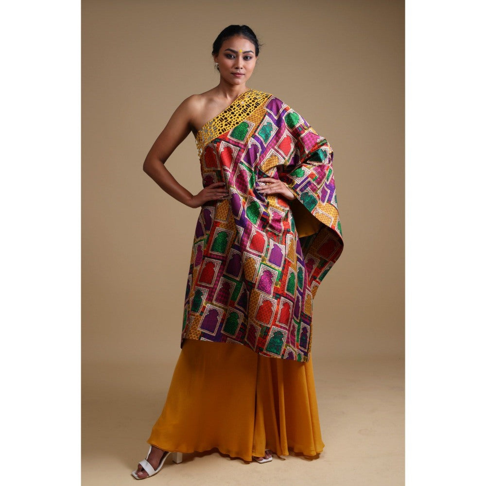 THETAA Yellow Hand Embroidered Off Shoulder Kurta with Sharara (Set of 2)