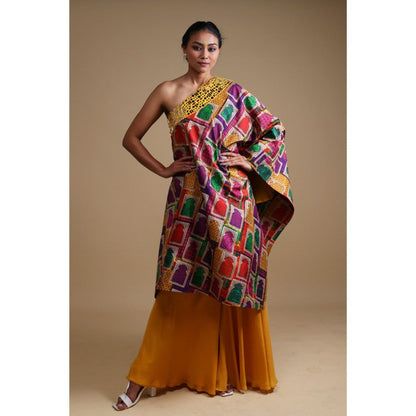 THETAA Yellow Hand Embroidered Off Shoulder Kurta with Sharara (Set of 2)