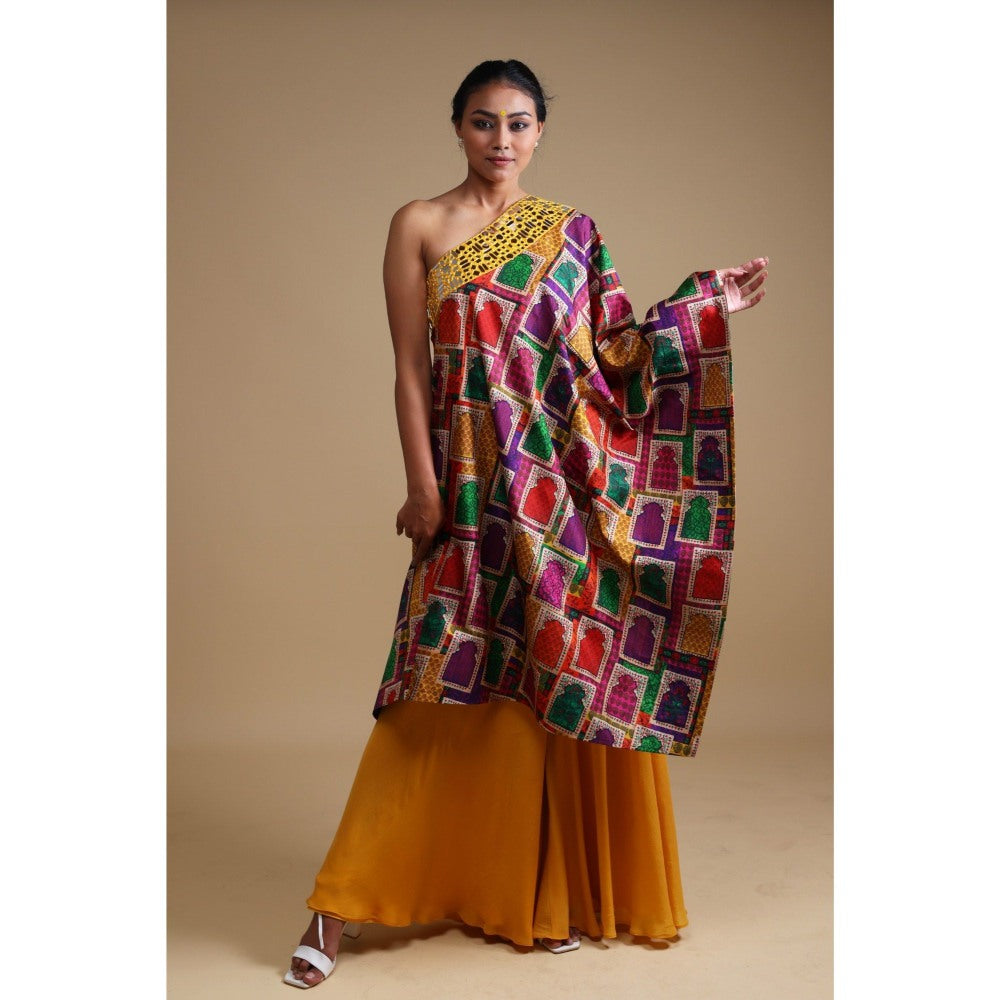 THETAA Yellow Hand Embroidered Off Shoulder Kurta with Sharara (Set of 2)