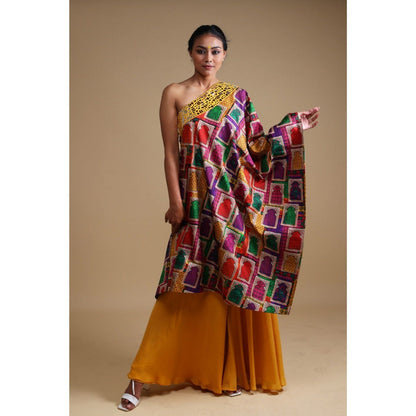 THETAA Yellow Hand Embroidered Off Shoulder Kurta with Sharara (Set of 2)