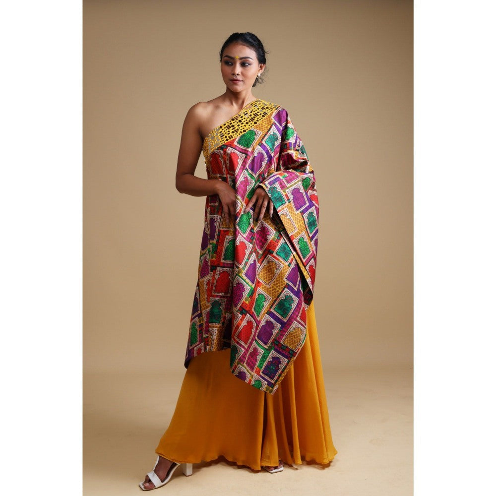 THETAA Yellow Hand Embroidered Off Shoulder Kurta with Sharara (Set of 2)