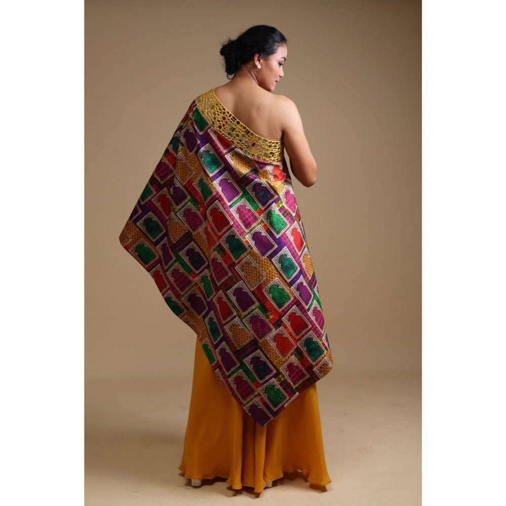 THETAA Yellow Hand Embroidered Off Shoulder Kurta with Sharara (Set of 2)