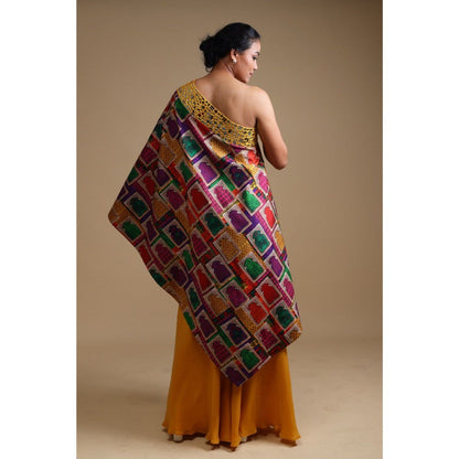 THETAA Yellow Hand Embroidered Off Shoulder Kurta with Sharara (Set of 2)