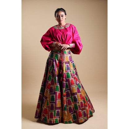 THETAA Pink Hand-Embroidered Crop Top with Lehenga (Set of 2)