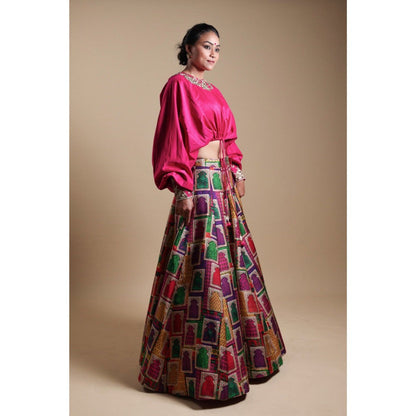 THETAA Pink Hand-Embroidered Crop Top with Lehenga (Set of 2)