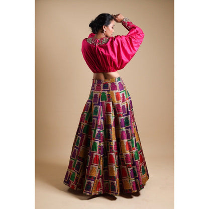 THETAA Pink Hand-Embroidered Crop Top with Lehenga (Set of 2)