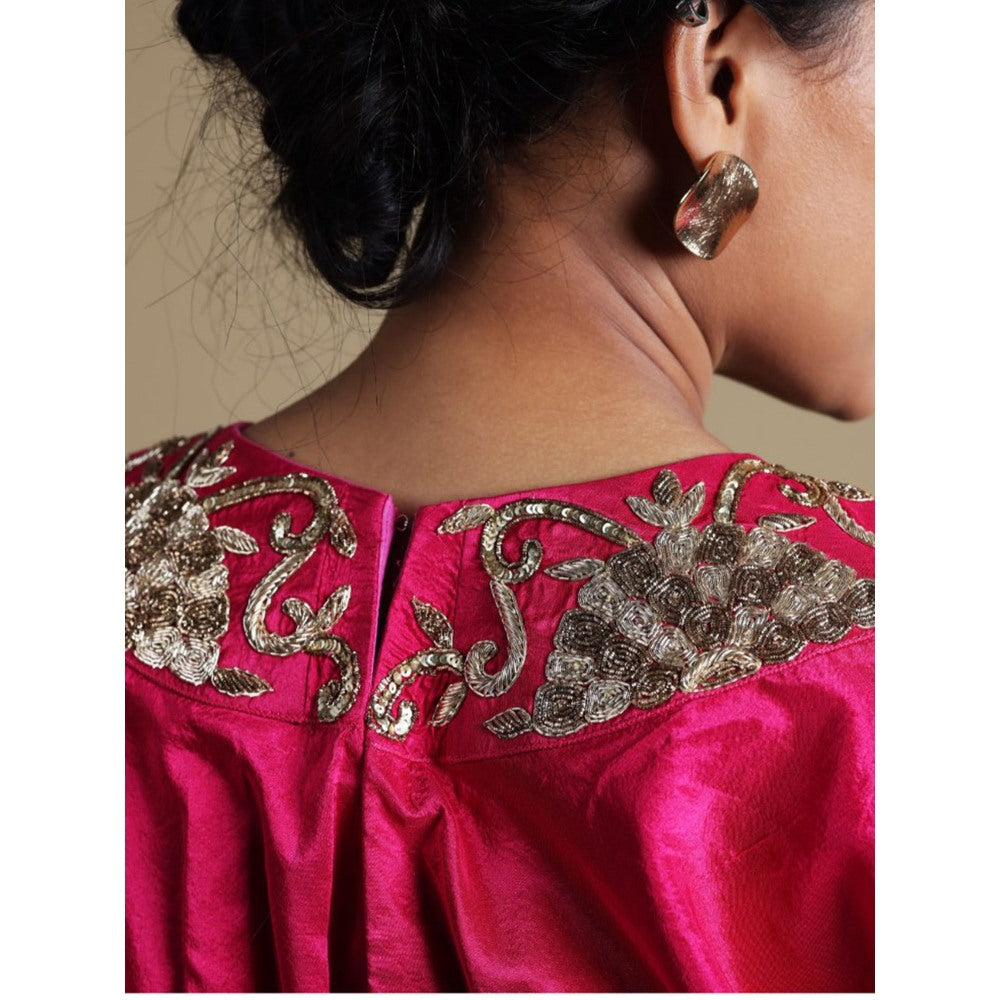 THETAA Pink Hand-Embroidered Crop Top with Lehenga (Set of 2)