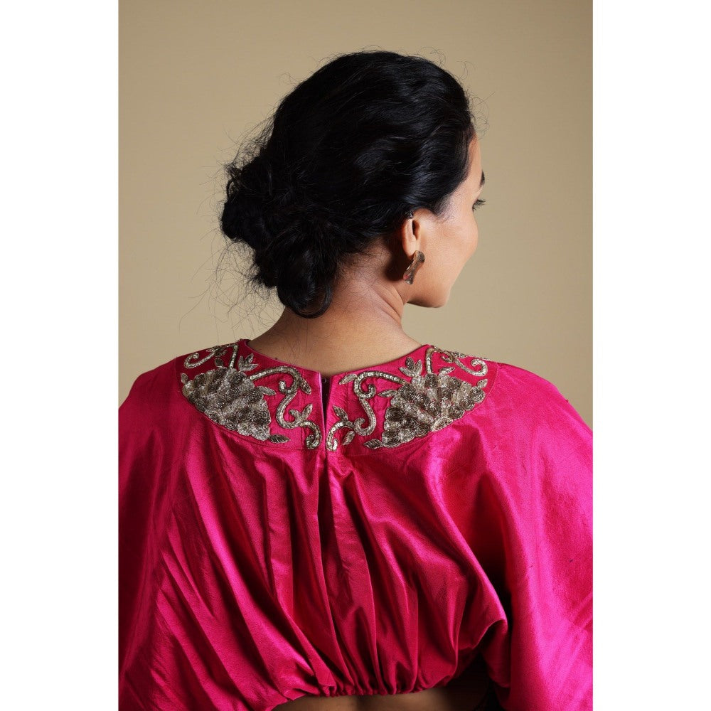 THETAA Pink Hand-Embroidered Crop Top with Lehenga (Set of 2)