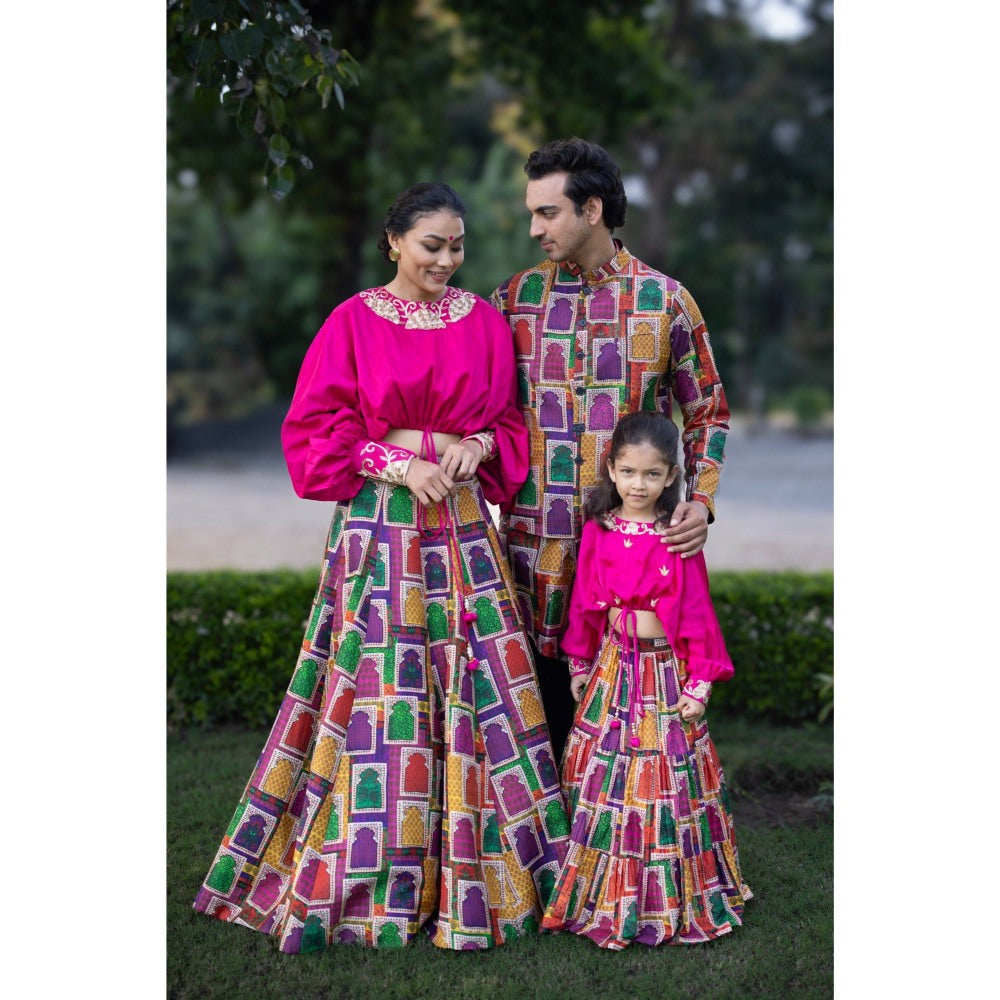 THETAA Pink Hand-Embroidered Crop Top with Lehenga (Set of 2)
