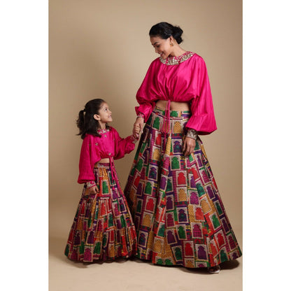 THETAA Pink Hand-Embroidered Crop Top with Lehenga (Set of 2)