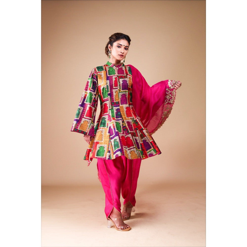 THETAA Pink Kalidar Kurta with Dhoti and Dupatta (Set of 3)