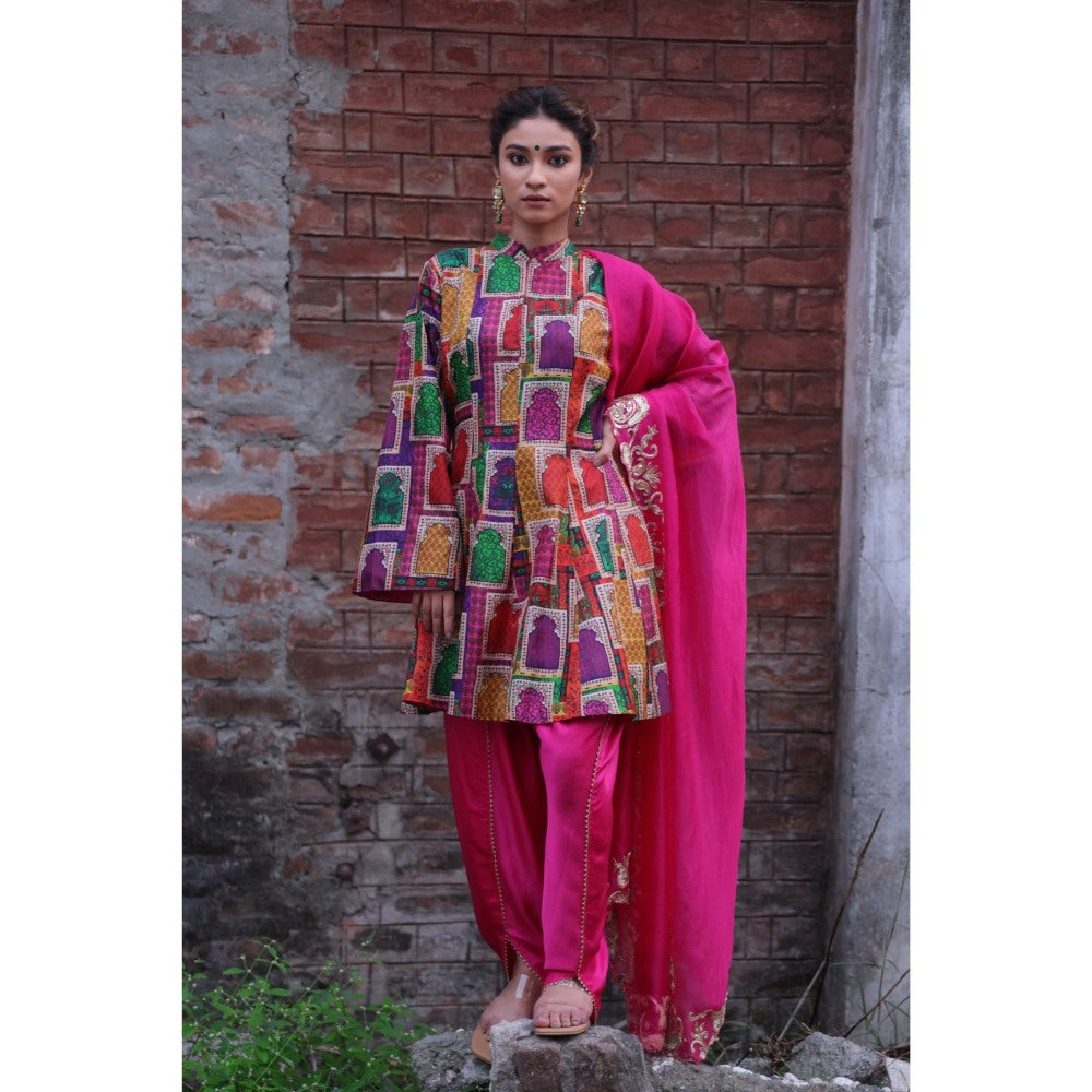 THETAA Pink Kalidar Kurta with Dhoti and Dupatta (Set of 3)