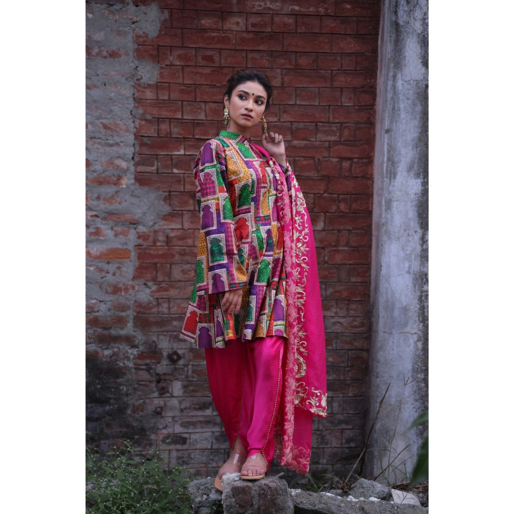 THETAA Pink Kalidar Kurta with Dhoti and Dupatta (Set of 3)