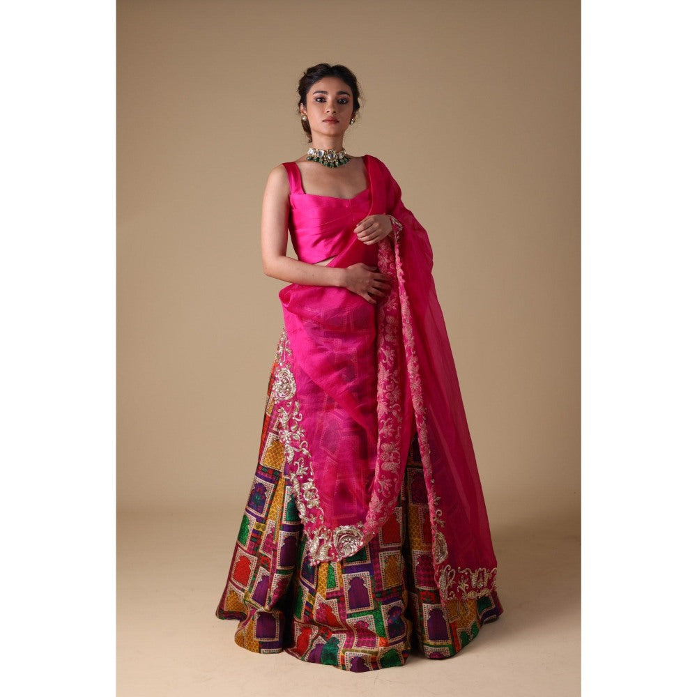 THETAA Pink Hand-Embroidered Zardozi Work Dupatta with Lehenga and Blouse (Set of 3)