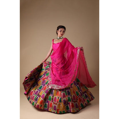 THETAA Pink Hand-Embroidered Zardozi Work Dupatta with Lehenga and Blouse (Set of 3)