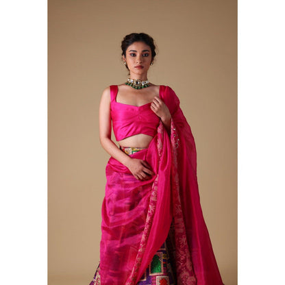 THETAA Pink Hand-Embroidered Zardozi Work Dupatta with Lehenga and Blouse (Set of 3)