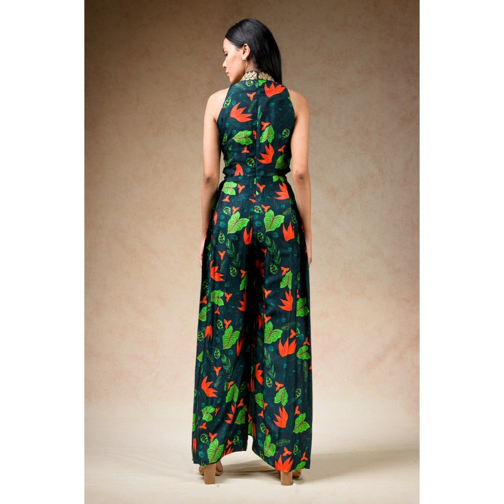 THETAA Green Hand Embroidered Flared Jumpsuit