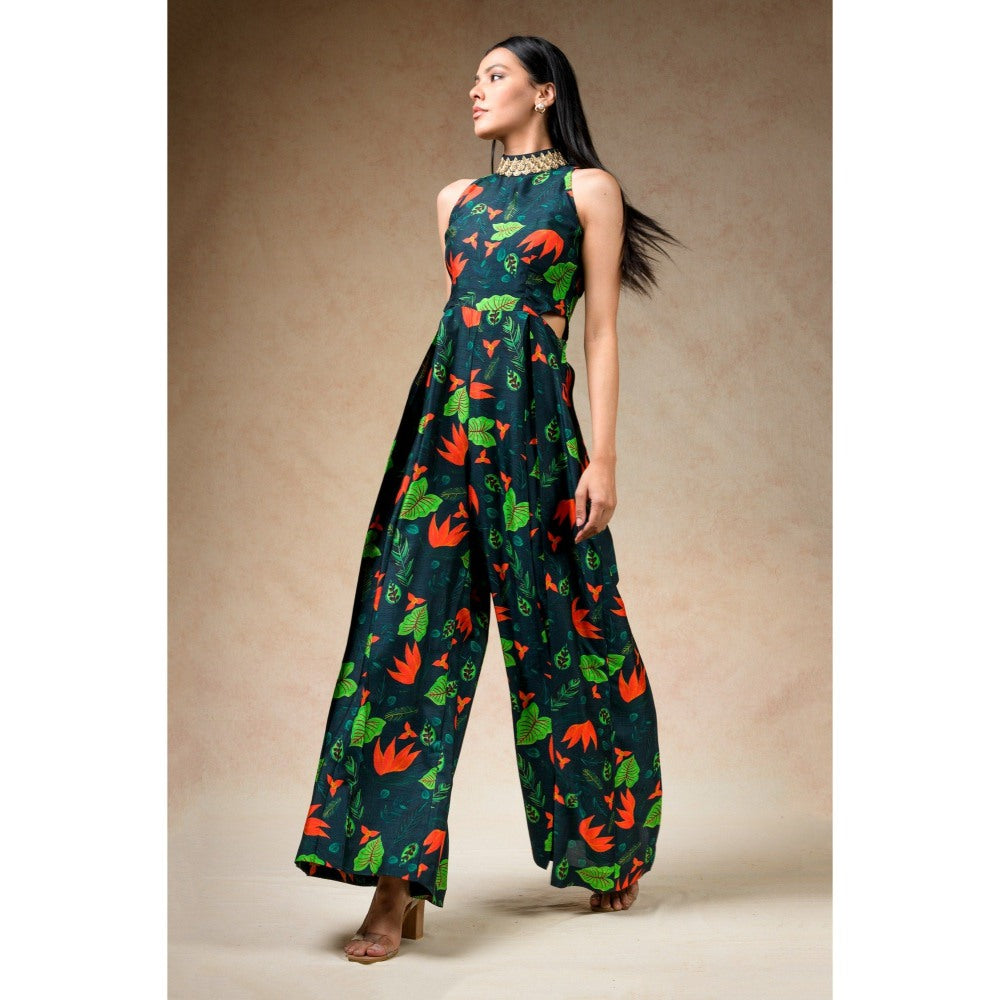 THETAA Green Hand Embroidered Flared Jumpsuit