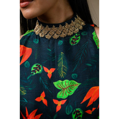 THETAA Green Hand Embroidered Flared Jumpsuit