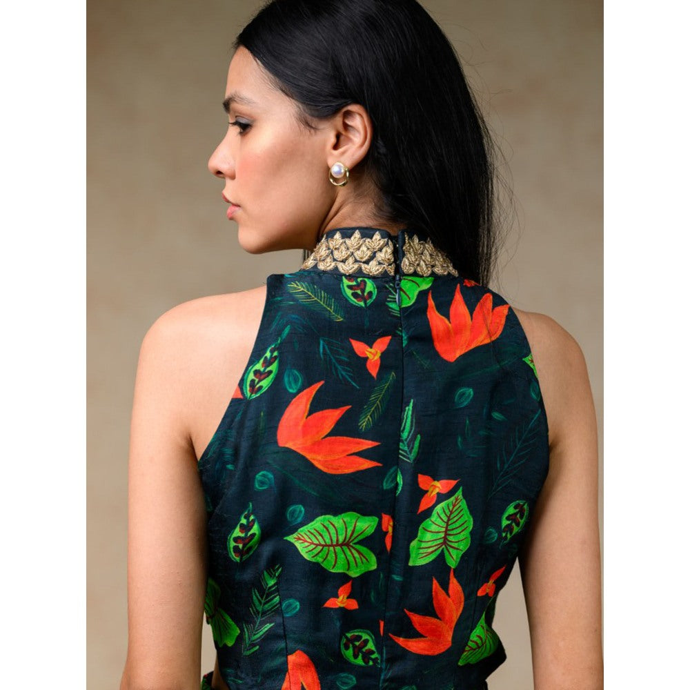 THETAA Green Hand Embroidered Flared Jumpsuit