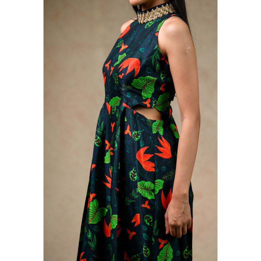 THETAA Green Hand Embroidered Flared Jumpsuit