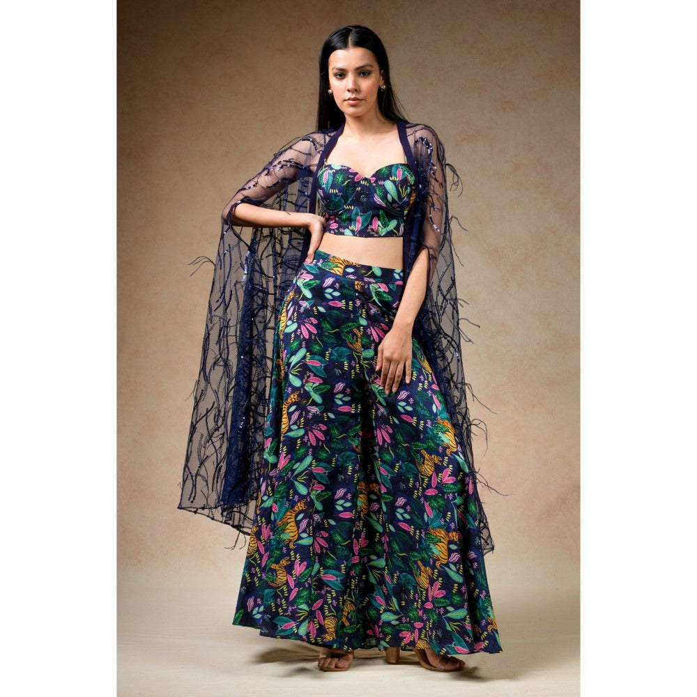 THETAA Green Bustier with Palazzo and Feather Cape (Set of 3)