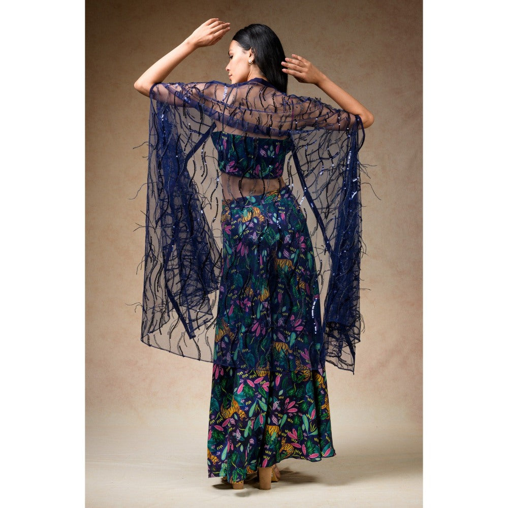 THETAA Green Bustier with Palazzo and Feather Cape (Set of 3)
