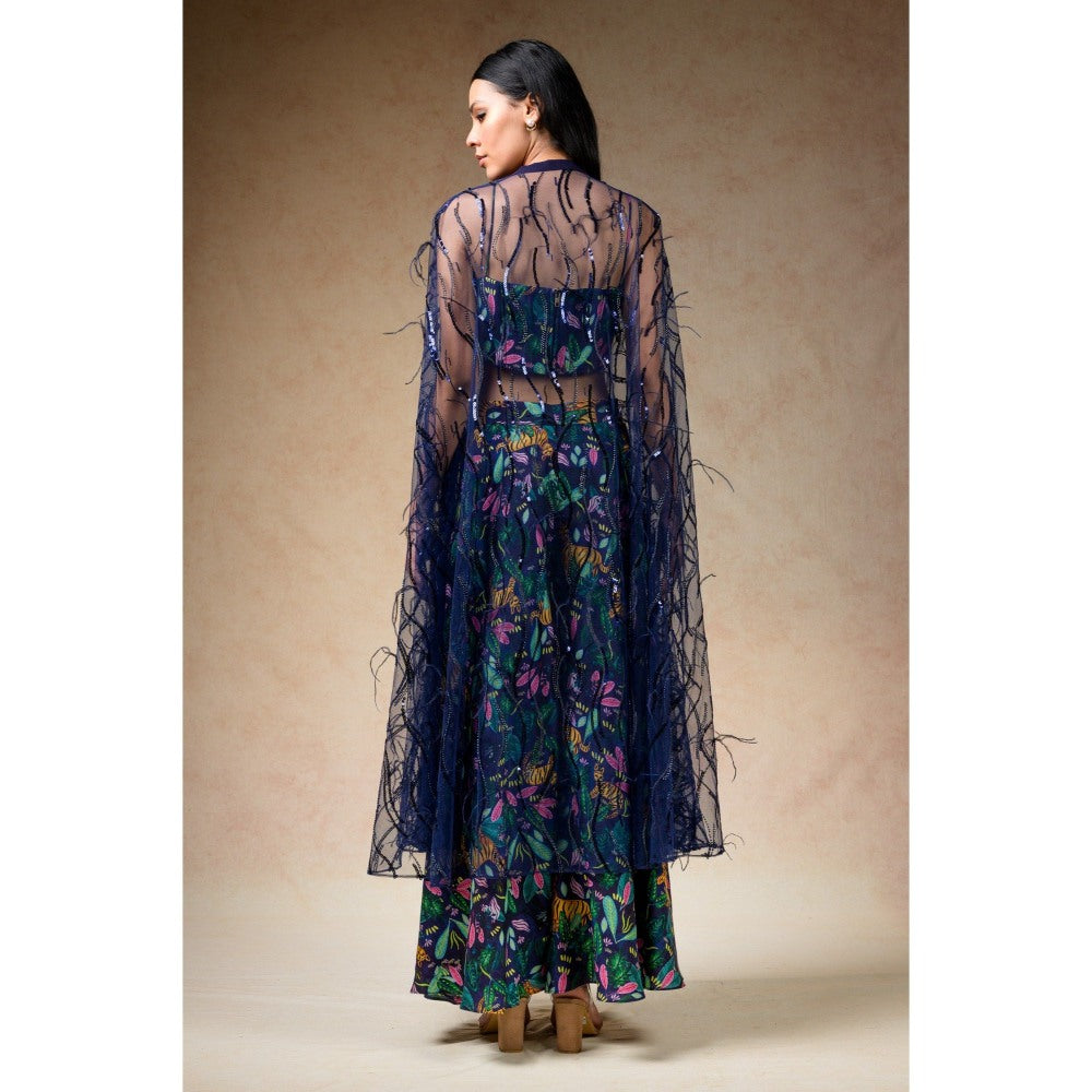THETAA Green Bustier with Palazzo and Feather Cape (Set of 3)