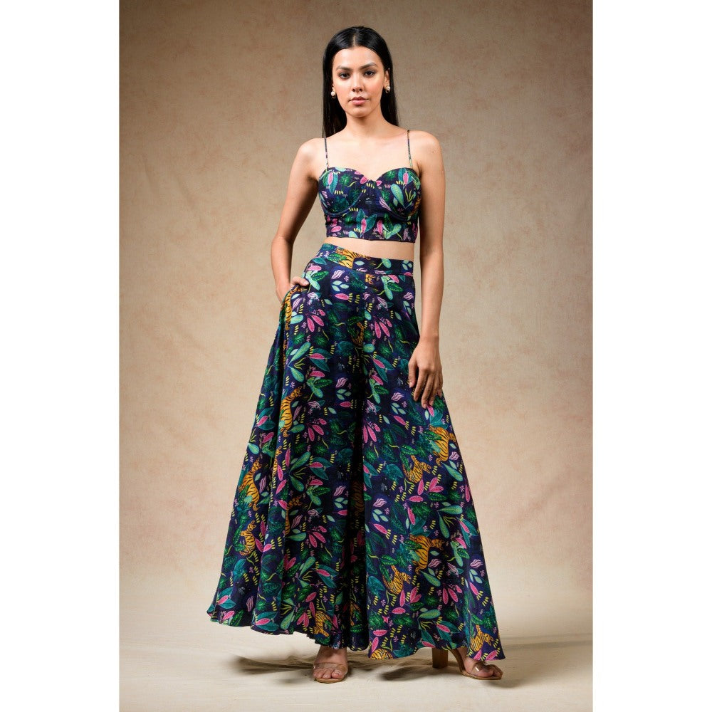 THETAA Green Bustier with Palazzo and Feather Cape (Set of 3)
