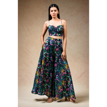 THETAA Green Bustier with Palazzo and Feather Cape (Set of 3)
