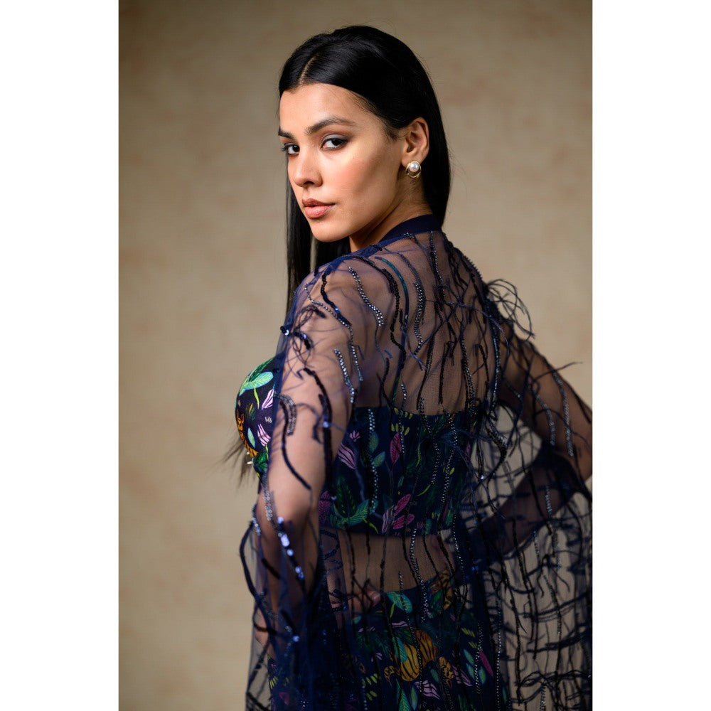 THETAA Green Bustier with Palazzo and Feather Cape (Set of 3)