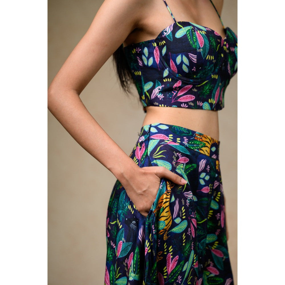 THETAA Green Bustier with Palazzo and Feather Cape (Set of 3)
