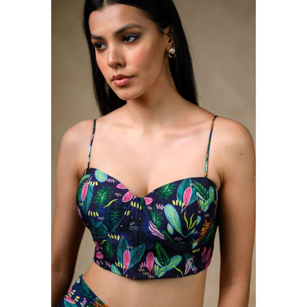 THETAA Green Bustier with Palazzo and Feather Cape (Set of 3)