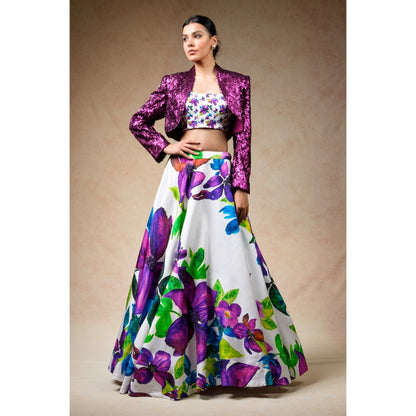 THETAA White Hand Embroidered Silk Lehenga with Jacket and Blouse (Set of 3)
