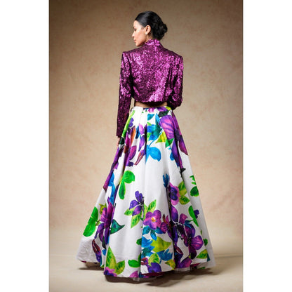 THETAA White Hand Embroidered Silk Lehenga with Jacket and Blouse (Set of 3)