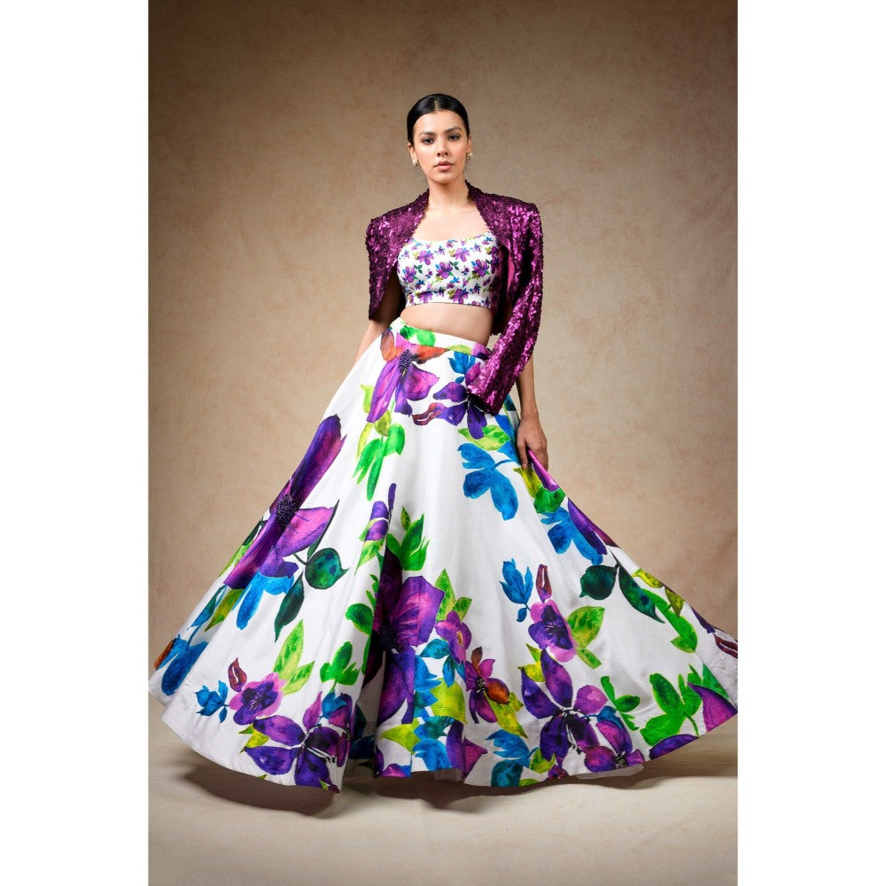 THETAA White Hand Embroidered Silk Lehenga with Jacket and Blouse (Set of 3)