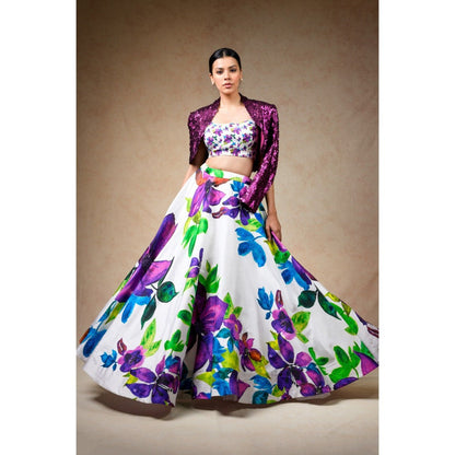 THETAA White Hand Embroidered Silk Lehenga with Jacket and Blouse (Set of 3)