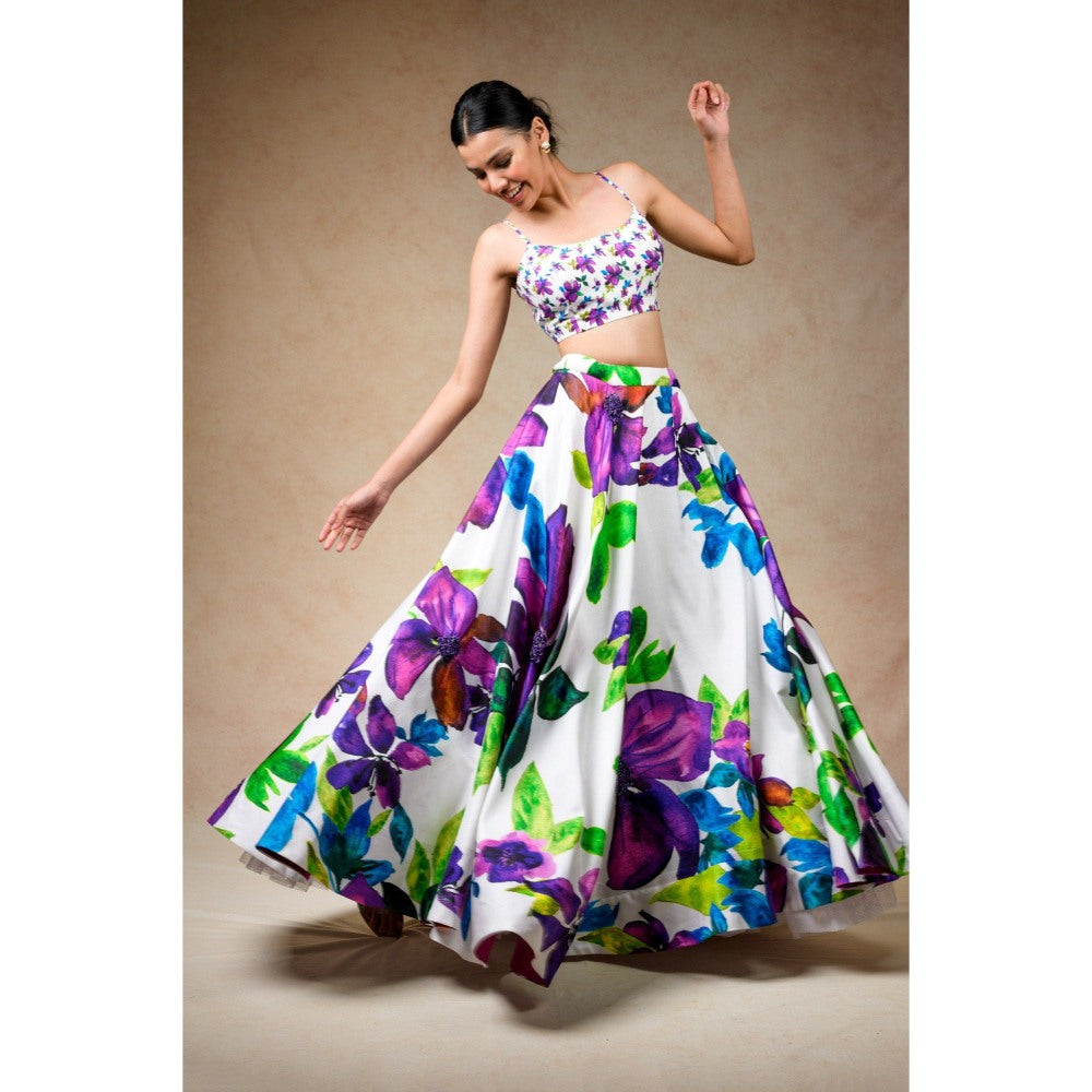 THETAA White Hand Embroidered Silk Lehenga with Jacket and Blouse (Set of 3)