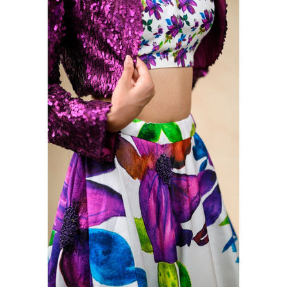 THETAA White Hand Embroidered Silk Lehenga with Jacket and Blouse (Set of 3)