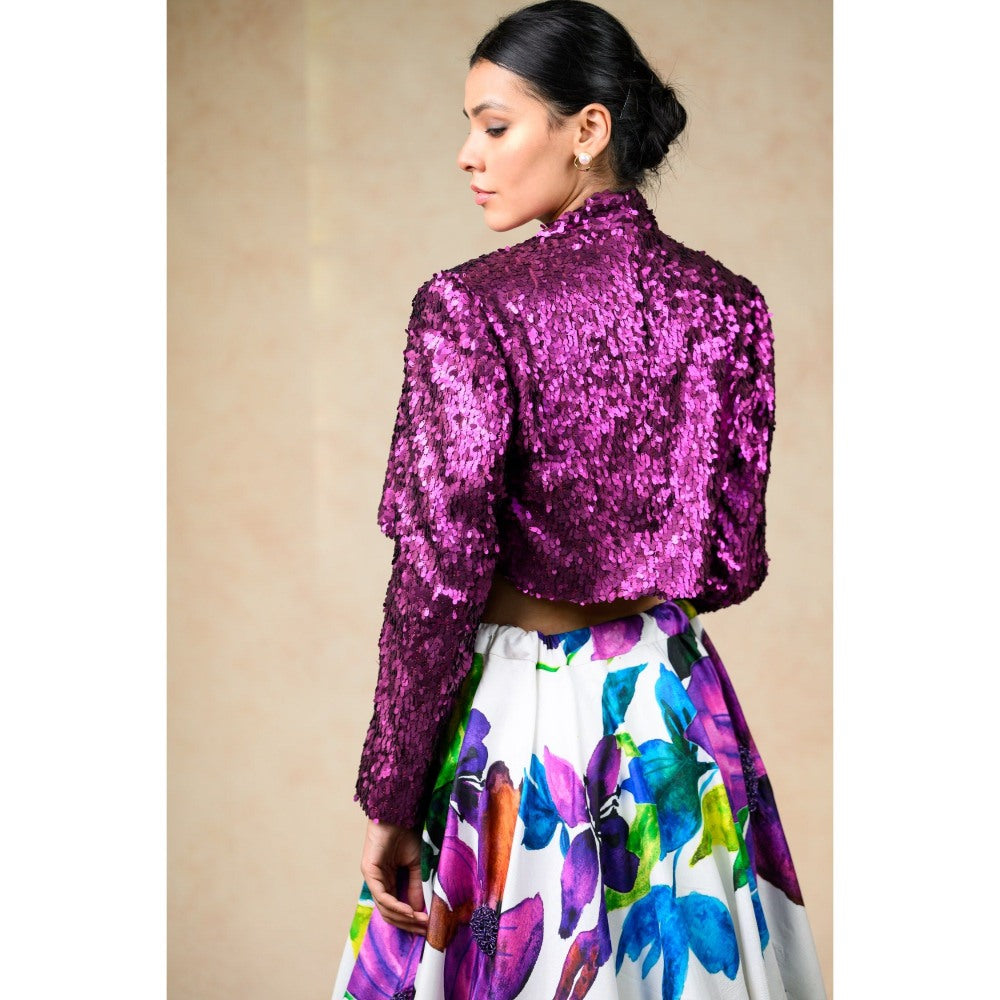 THETAA White Hand Embroidered Silk Lehenga with Jacket and Blouse (Set of 3)