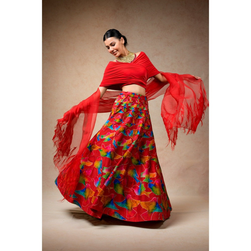 THETAA Hand Embroidered Lehenga with Drape Blouse and Feather Dupatta (Set of 3)